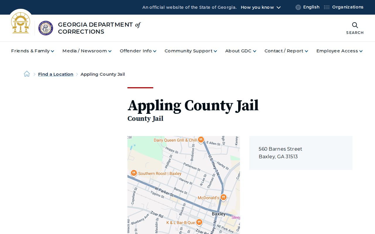 GDC listing for Appling County Jail release records