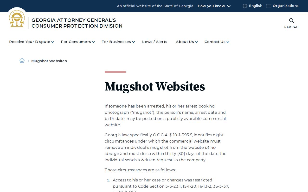 Georgia Attorney General release mugshot removal information